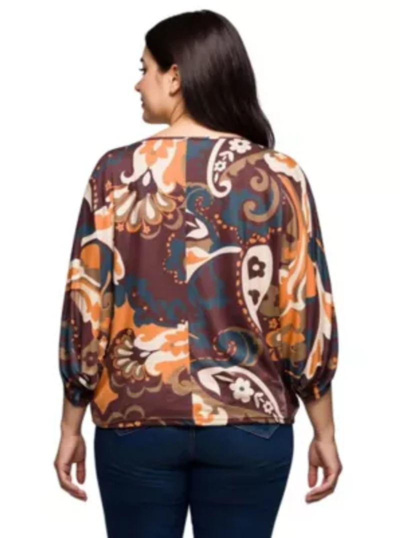 Womens Plus Brown Paisley Print Dolman Sleeve Top
