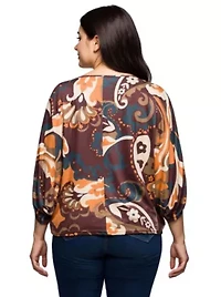 Womens Plus Brown Paisley Print Dolman Sleeve Top