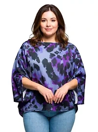 Womens Plus Purple Animal Print Boat Neck Dolman Sleeve Top