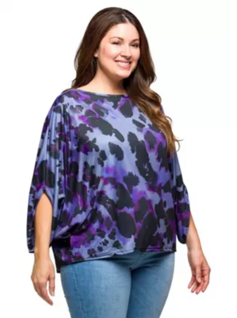 Womens Plus Purple Animal Print Boat Neck Dolman Sleeve Top