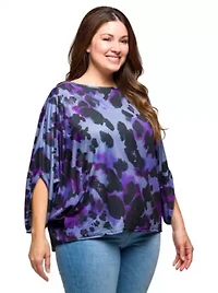 Womens Plus Purple Animal Print Boat Neck Dolman Sleeve Top