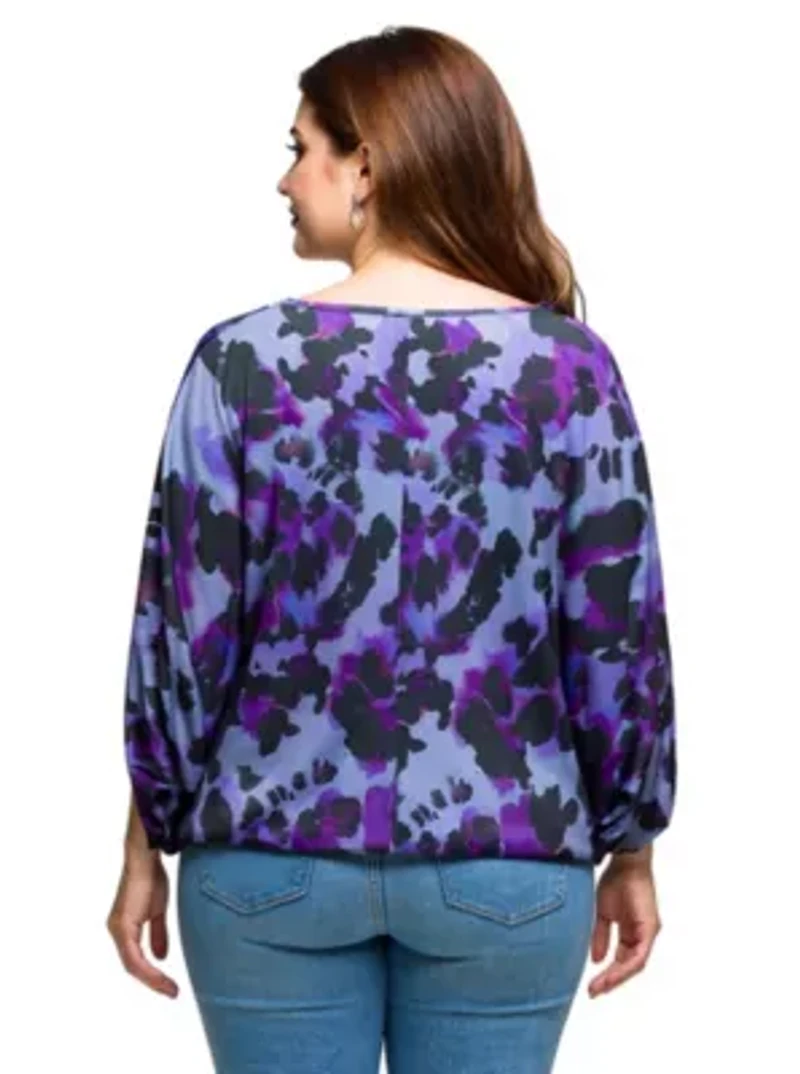 Womens Plus Purple Animal Print Boat Neck Dolman Sleeve Top