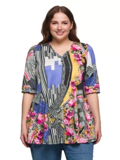 Plus Multicolor Floral Print Elbow Sleeve V Neck Henley Tunic Top