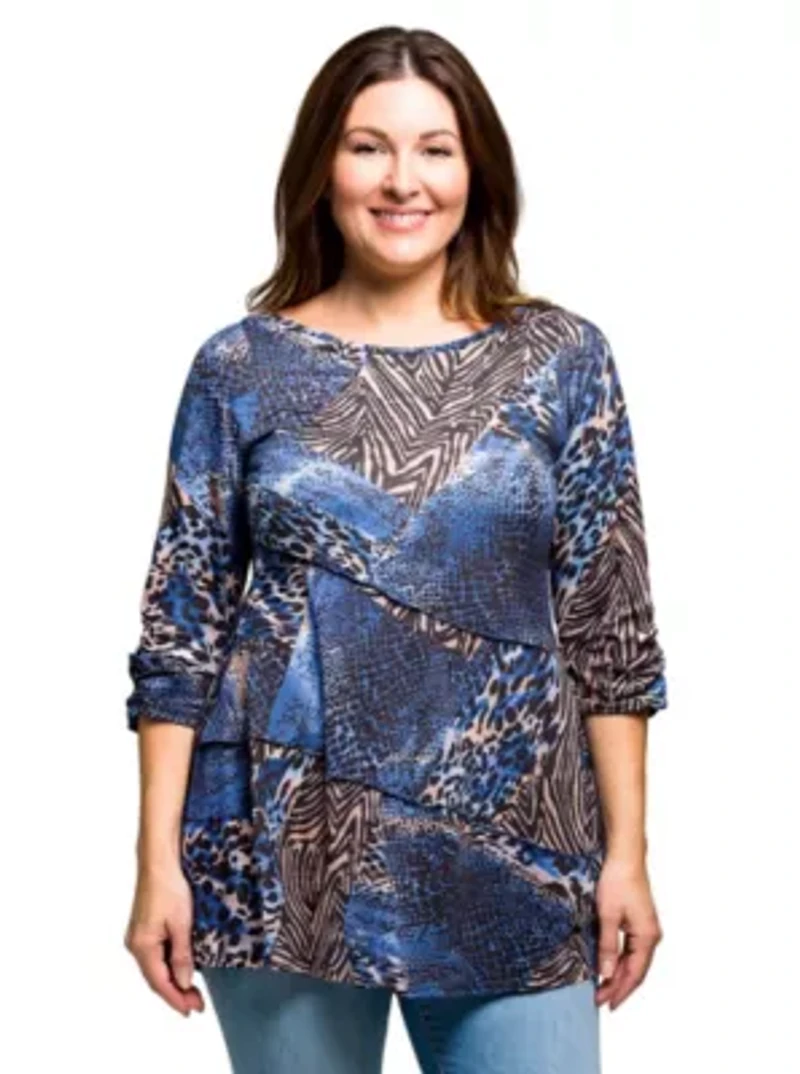 Womens Plus Three Quarter Sleeve Tunic Top Blue Animal Print