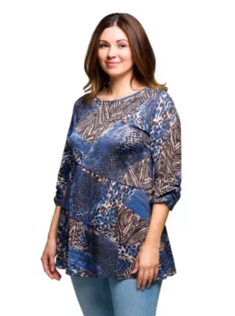 Womens Plus Three Quarter Sleeve Tunic Top Blue Animal Print