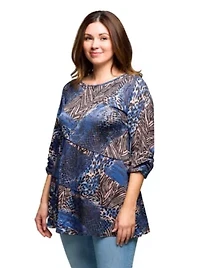 Womens Plus Three Quarter Sleeve Tunic Top Blue Animal Print