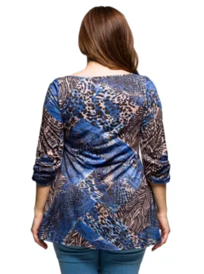 Womens Plus Three Quarter Sleeve Tunic Top Blue Animal Print
