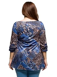 Womens Plus Three Quarter Sleeve Tunic Top Blue Animal Print
