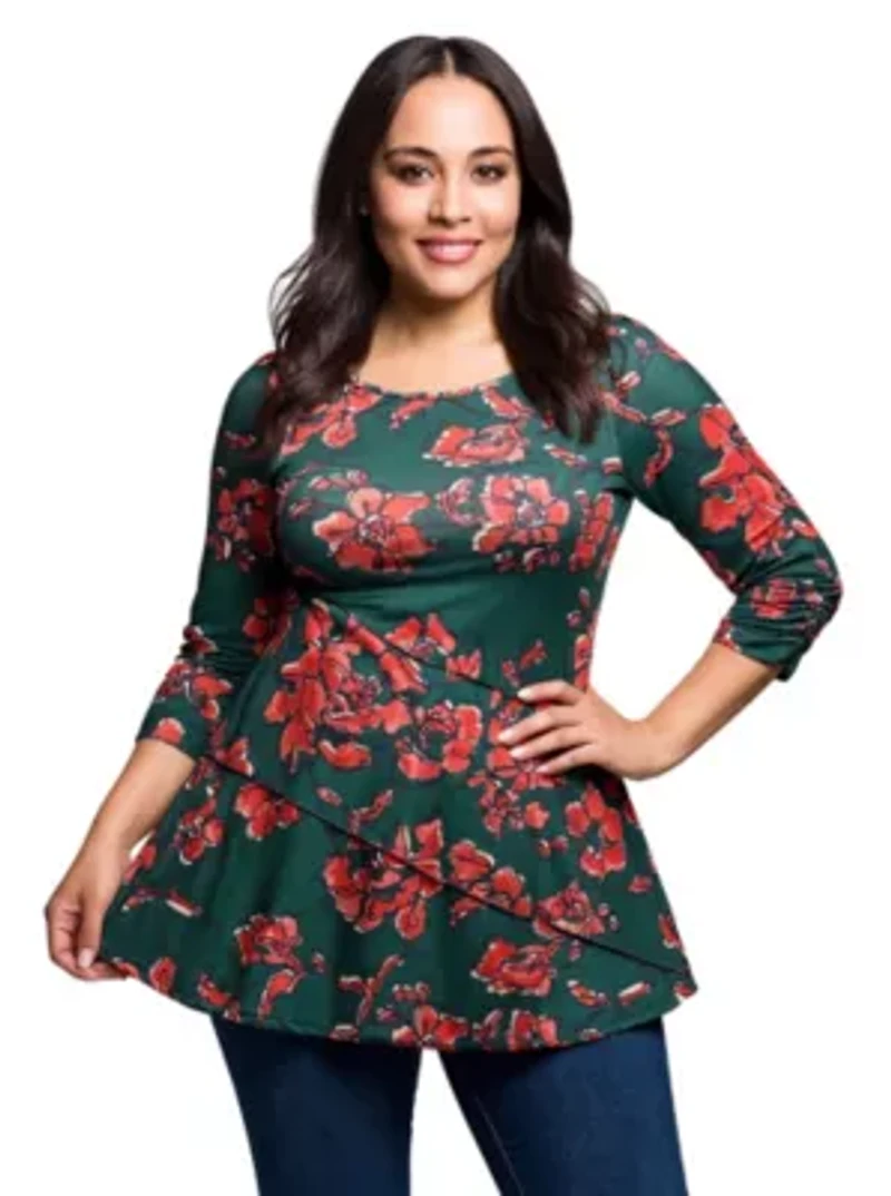 Womens Plus Green Floral Print Three Quarter Sleeve Tunic Top