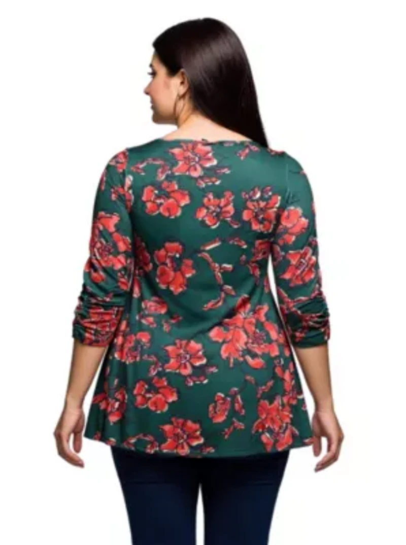 Womens Plus Green Floral Print Three Quarter Sleeve Tunic Top