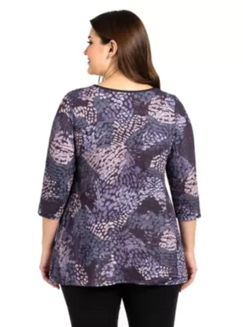 Womens Plus Gray Abstract Print V Neck three quarter Sleeve Tunic Top