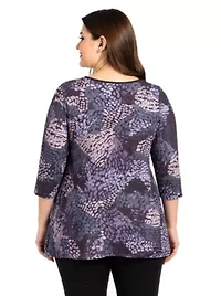 Womens Plus Gray Abstract Print V Neck three quarter Sleeve Tunic Top