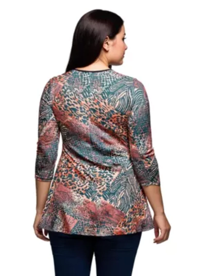 Womens Plus Animal Print V Neck Three Quarter Sleeve Tunic Top