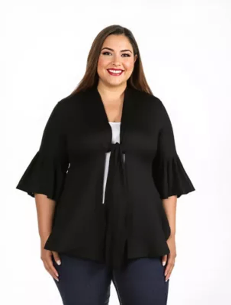 Womens Plus Tie Front Bell Sleeve Cardigan