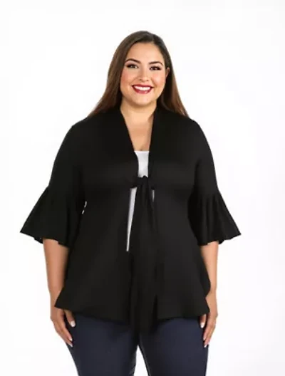 Womens Plus Tie Front Bell Sleeve Cardigan