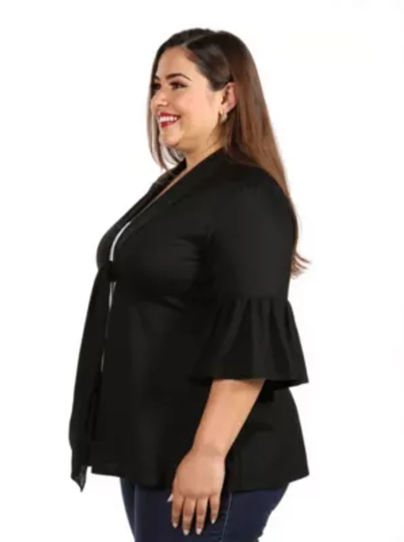 Womens Plus Tie Front Bell Sleeve Cardigan