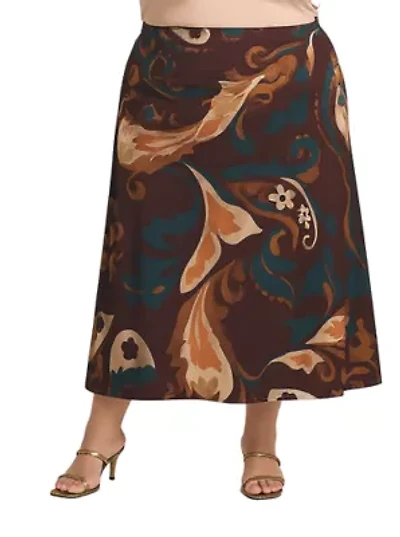 Womens Plus Elastic Waist Maxi Skirt Brown Print