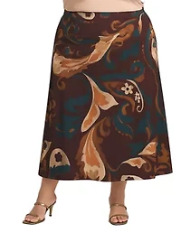 Womens Plus Elastic Waist Maxi Skirt Brown Print
