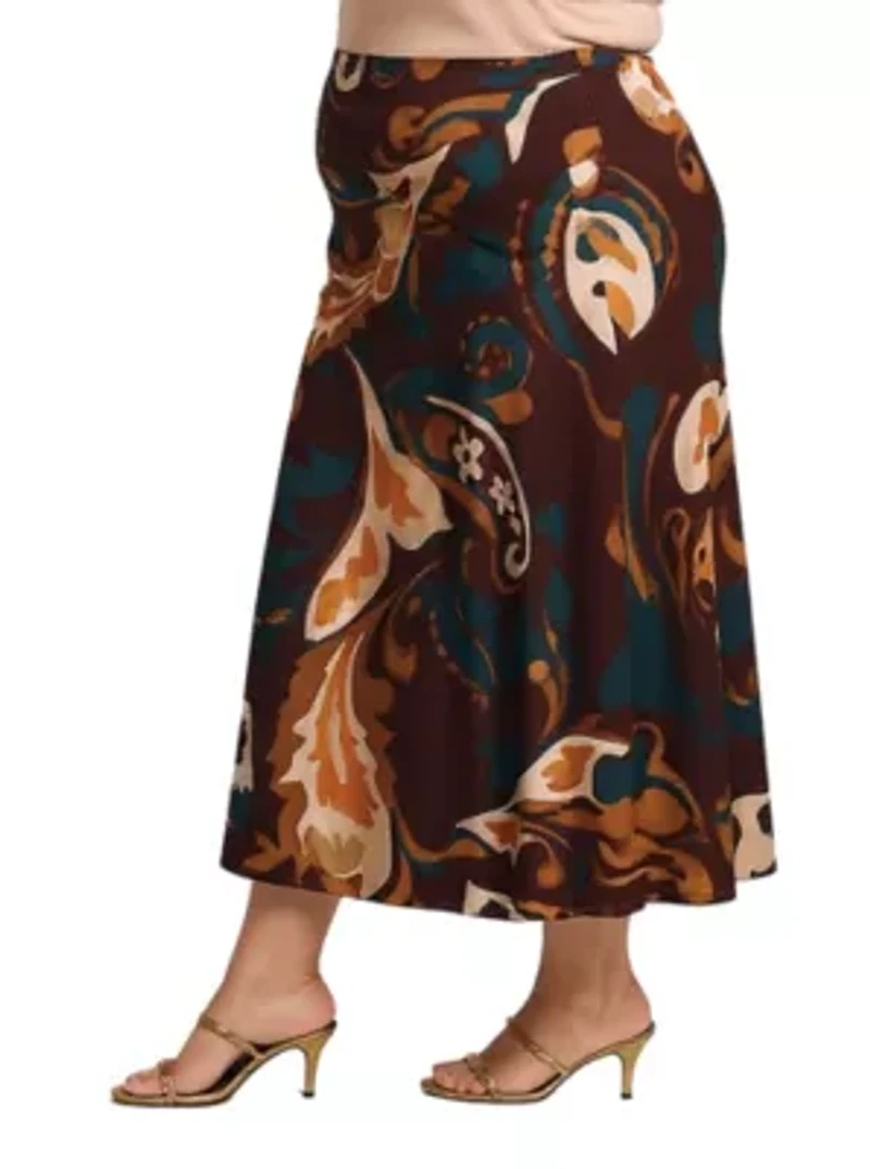Womens Plus Elastic Waist Maxi Skirt Brown Print