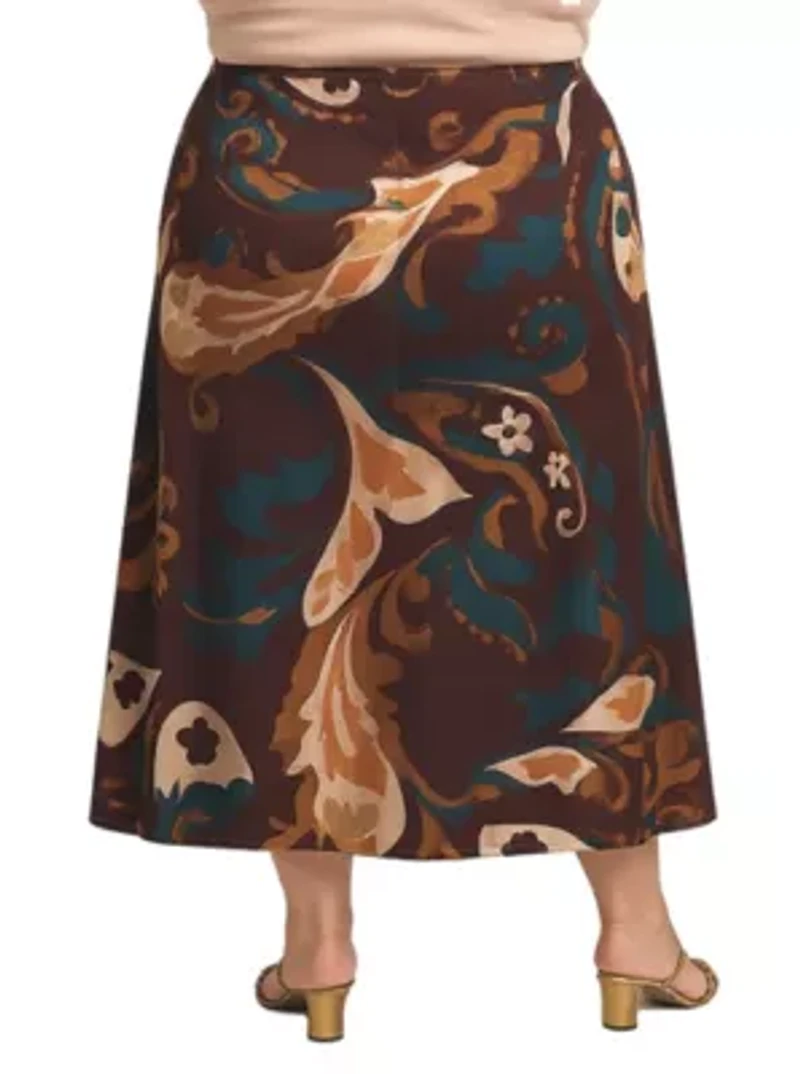 Womens Plus Elastic Waist Maxi Skirt Brown Print