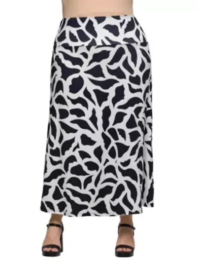 Plus Black and White Print Elastic Waist A Line Maxi Skirt