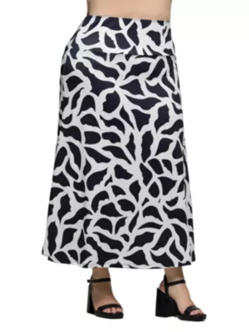 Plus Black and White Print Elastic Waist A Line Maxi Skirt