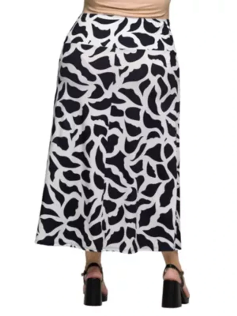 Plus Black and White Print Elastic Waist A Line Maxi Skirt