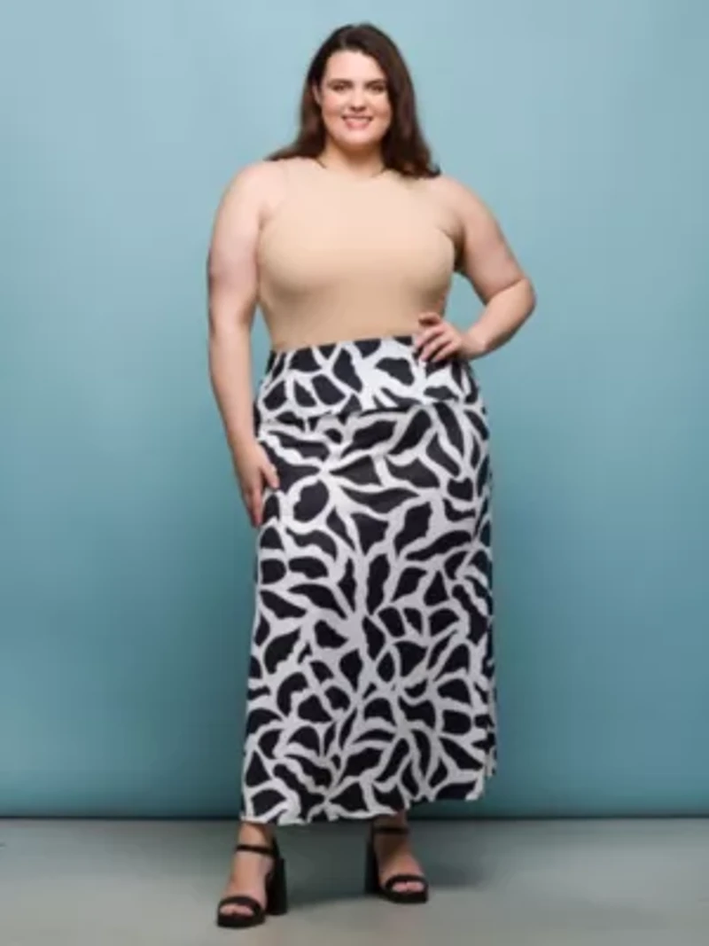 Plus Black and White Print Elastic Waist A Line Maxi Skirt