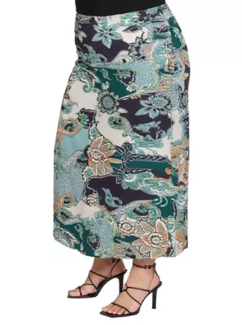 Womens Plus Green Paisley Print Maxi Skirt