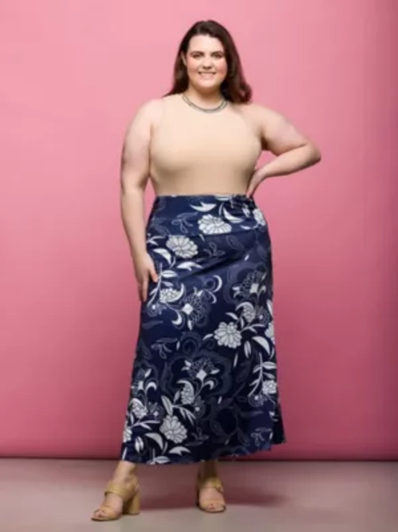 Plus Navy Floral Print Elastic Waist A Line Maxi Skirt