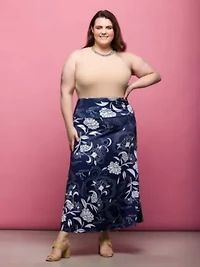 Plus Navy Floral Print Elastic Waist A Line Maxi Skirt