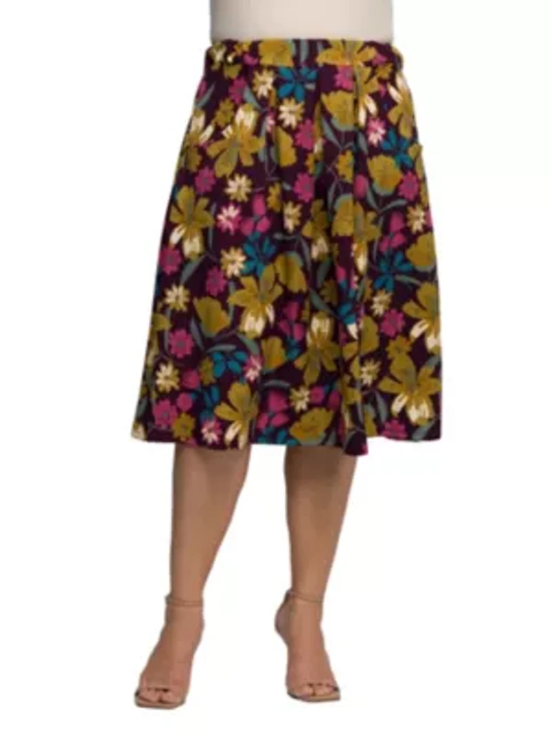 Womens Plus Purple Floral Elastic Waist Pocket Midi Skirt