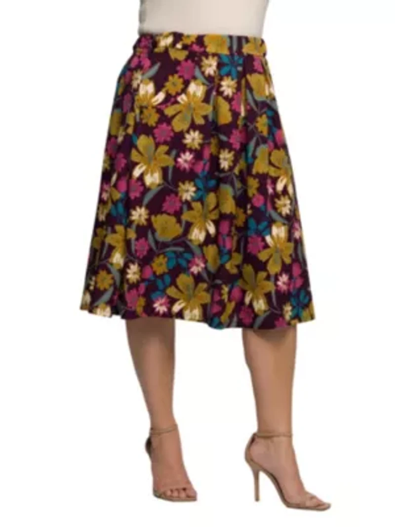 Womens Plus Purple Floral Elastic Waist Pocket Midi Skirt