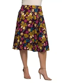 Womens Plus Purple Floral Elastic Waist Pocket Midi Skirt