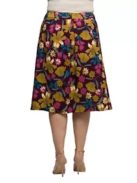 Womens Plus Purple Floral Elastic Waist Pocket Midi Skirt