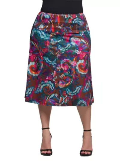 Plus Brown Paisley Print Comfortable Elastic Waist Knee Length Skirt