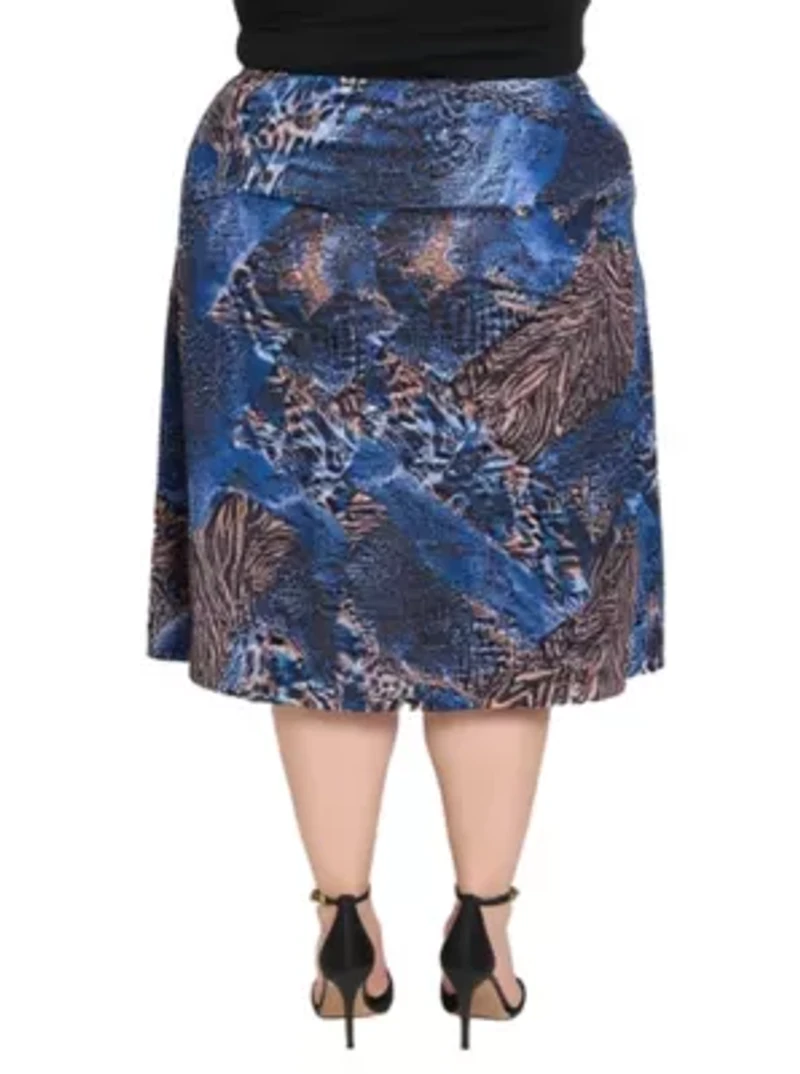 Womens Plus Blue Animal Print Knee Length Skirt