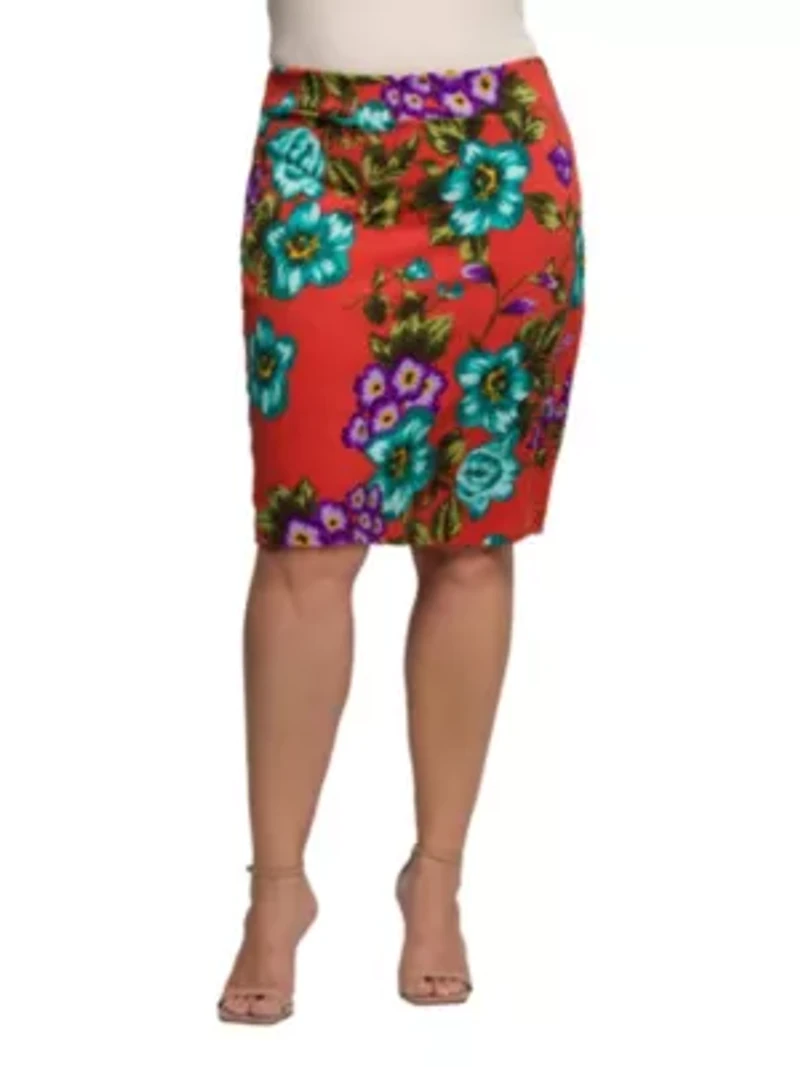 Womens Plus Orange Floral Print Knee Length Pencil Skirt
