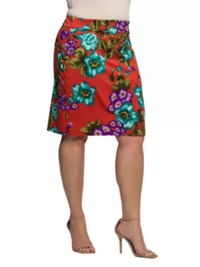 Womens Plus Orange Floral Print Knee Length Pencil Skirt