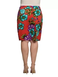 Womens Plus Orange Floral Print Knee Length Pencil Skirt