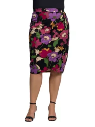 Womens Plus Black Multi Floral Print Midi Pencil Skirt
