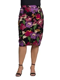 Womens Plus Black Multi Floral Print Midi Pencil Skirt