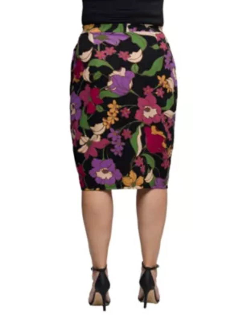 Womens Plus Black Multi Floral Print Midi Pencil Skirt