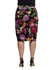 Womens Plus Black Multi Floral Print Midi Pencil Skirt
