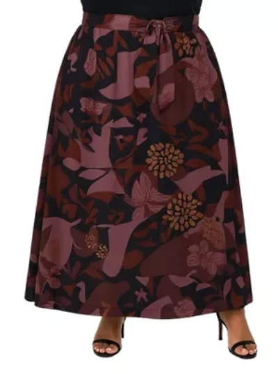 Womens Plus Fall Floral Print Maxi Skirt with Buckle Waist