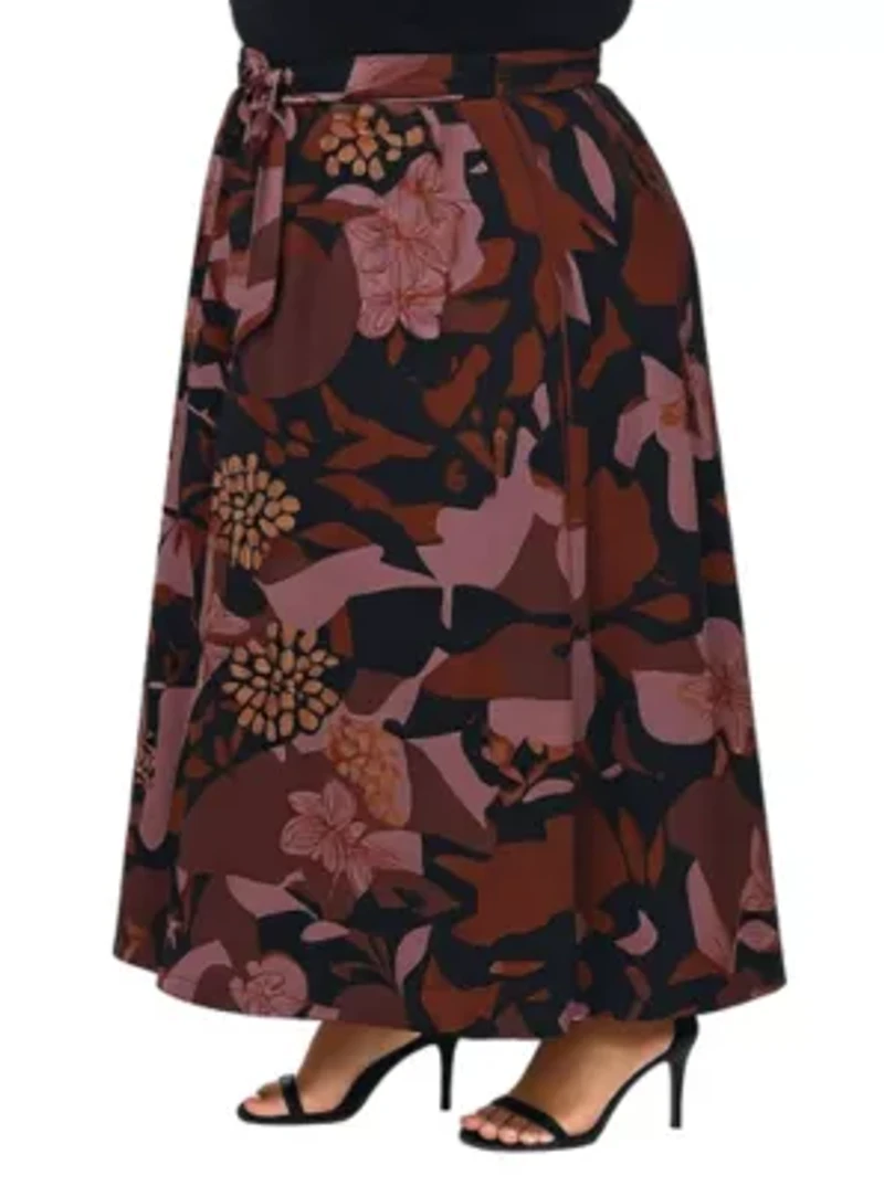 Womens Plus Fall Floral Print Maxi Skirt with Buckle Waist