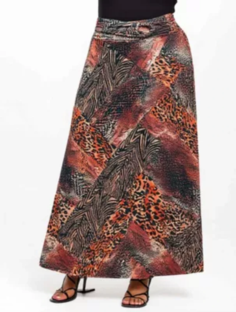 Womens Plus Brown Animal Patchwork Print Maxi Skirt