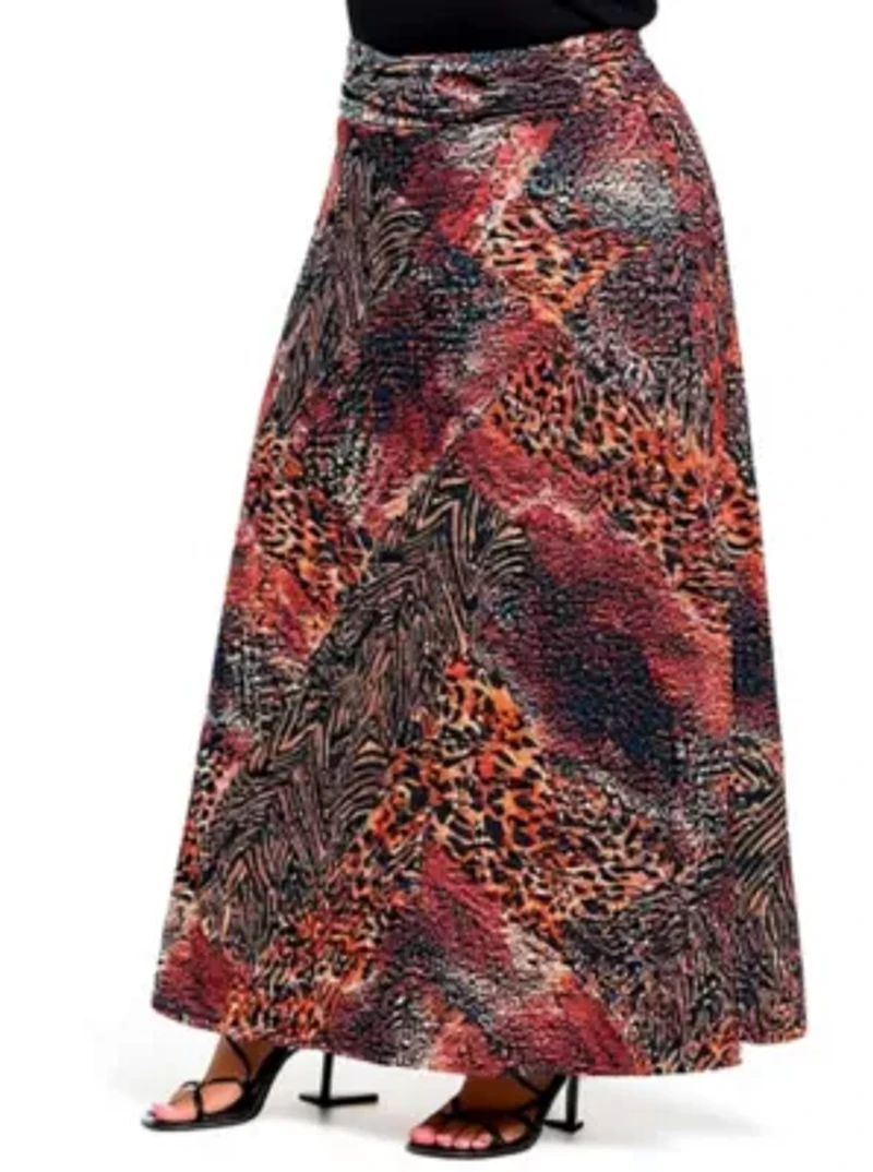 Womens Plus Brown Animal Patchwork Print Maxi Skirt