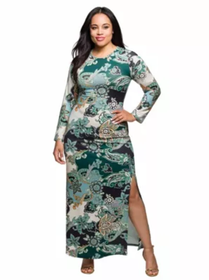 Womens Plus Green Paisley Print Long Sleeve Side Slit Maxi Dress