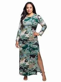 Womens Plus Green Paisley Print Long Sleeve Side Slit Maxi Dress